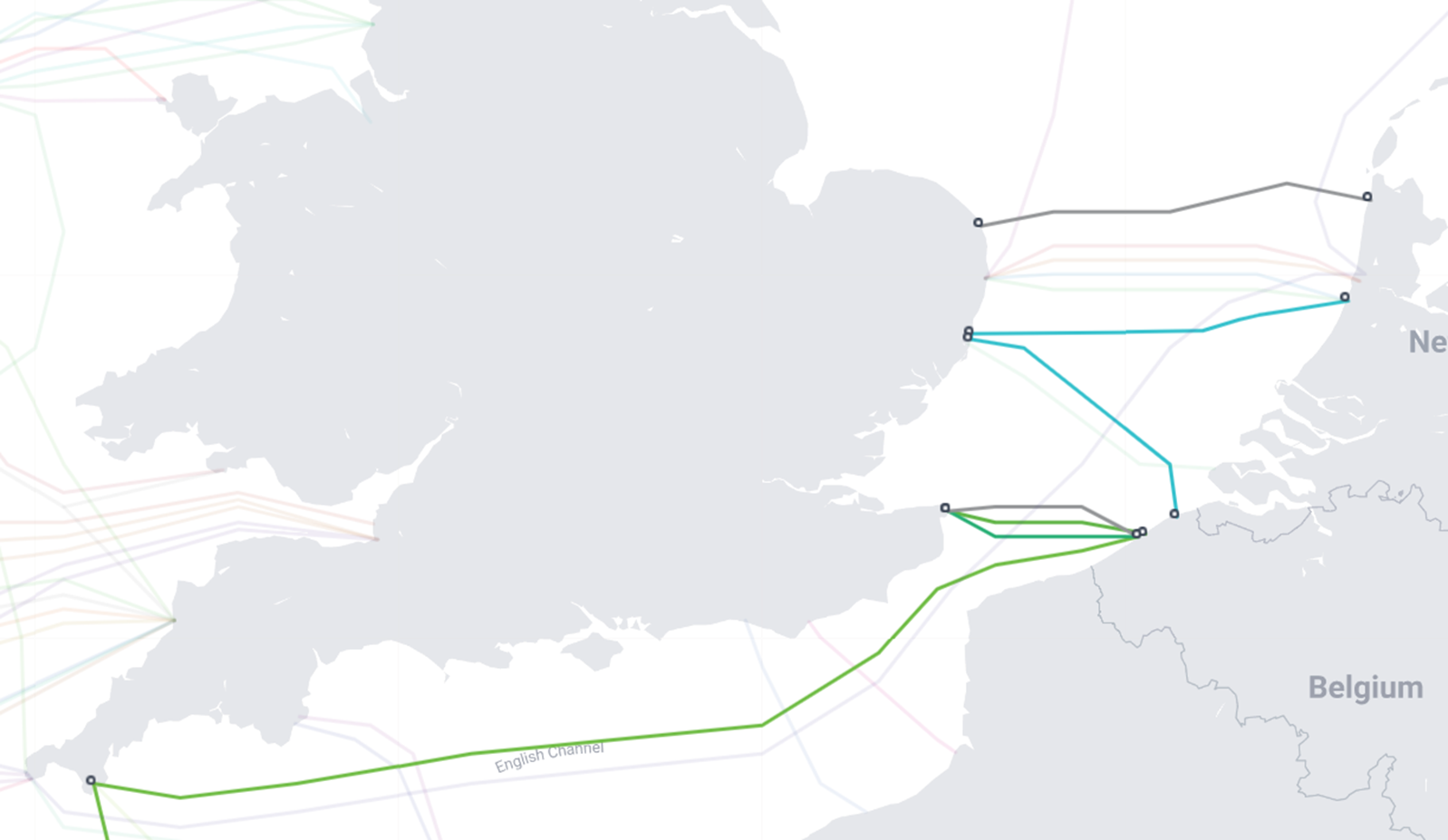 The seven vital communication cables of Belgium (source: submarinecablemap.com)