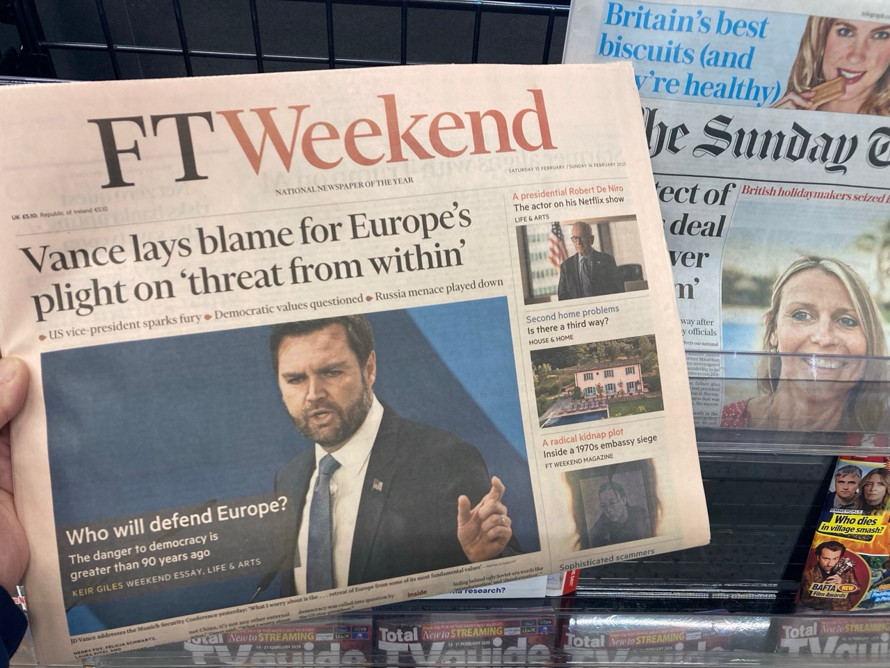 Nottinghamshire , UK 16 Feb 2025 : UK newspaper reported US Vice president James David Vance launched blistering attack on Europe's leader to at the Munich Security Conference
