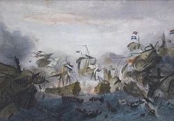 Zeeslag bij de Etna (Agosta) op 22 april 1676. Ingekleurde staalgravure in kleur door Edward Chavane naar het schilderij van Ambroise Louis Garneray (Particuliere collectie)